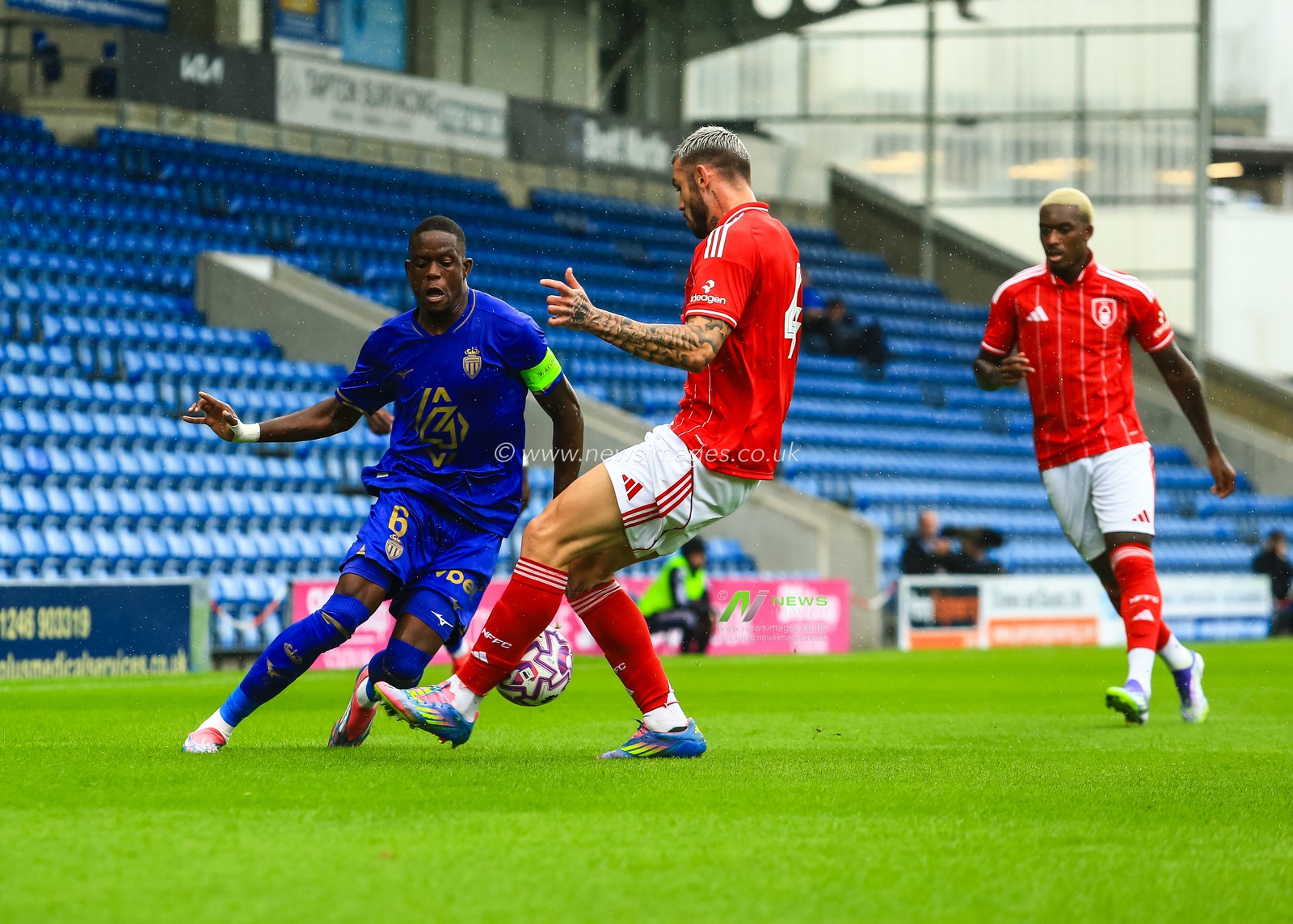 Denis Zakaria of Monaco gets past Morato of Nottingham Forest during the Pre-season friendly match Nottingham Forest vs Monaco at SMH Group Stadiumact Stadium, Chesterfield, United Kingdom, 19th July 2025

(Photo by Richard Bierton/News Images)