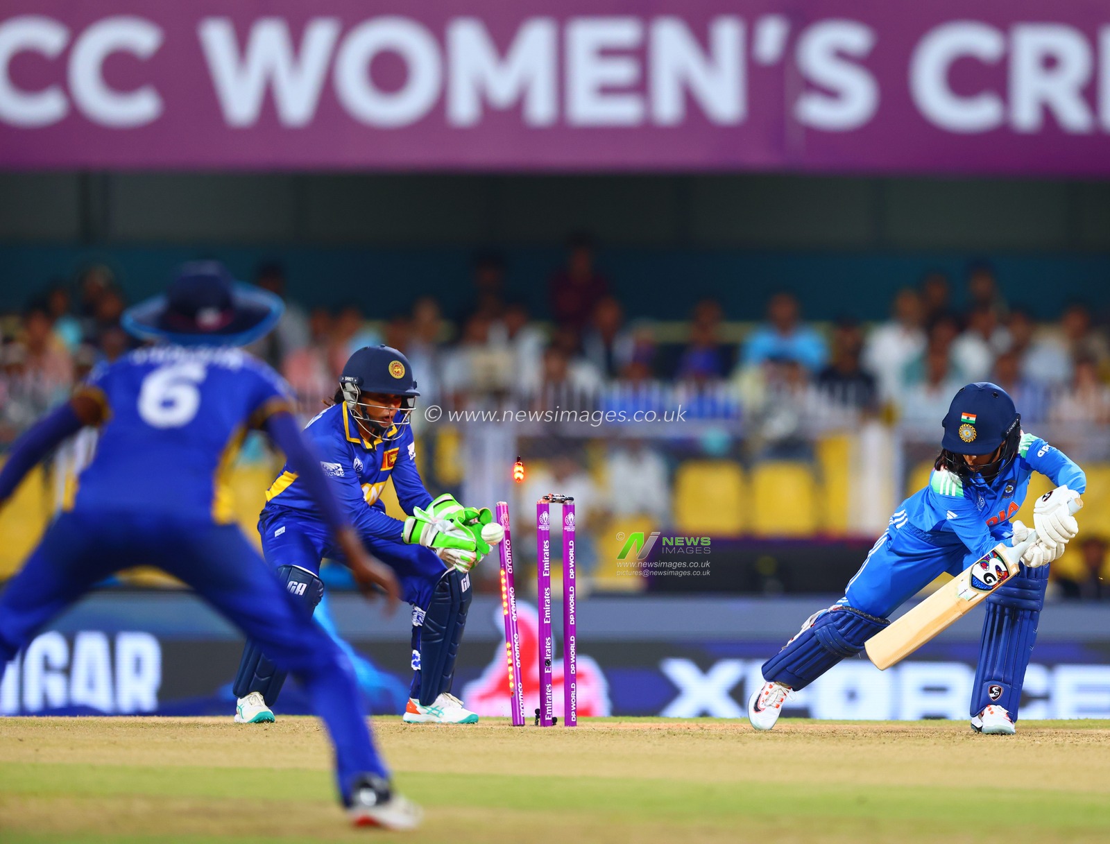 Inoka Ranaweera of Sri Lanka bowled out Jemimah Rodrigues of India during the ICC Women's World Cup India Women v Sri Lanka Women at ACA Barsapara Cricket Stadium, Guwahati, India, 30th September 2025

(Photo by Shubhajit Roy Karmakar/News Images)