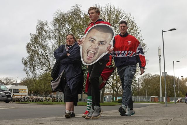 Hull KR fans arrive with a Mikey Lewis of Hull KR face mask during the Betfred Super League round 7 match Hull KR vs Hull FC at Sewell Group Craven Park, Hull, United Kingdom on 03 April 2026

(Photo by Mark Cosgrove/News Images)