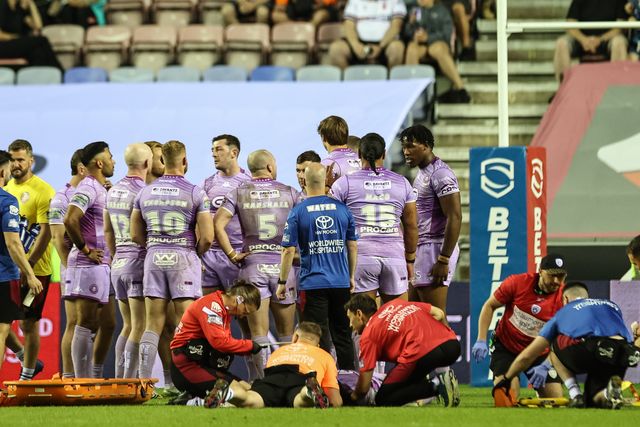 Zach Eckersley of Wigan Warriors receives treatment during the Betfred Super League Round 11 match Wigan Warriors vs Leigh Leopards at The Brick Community Stadium, Wigan, United Kingdom, 16th May 2025

(Photo by Mark Cosgrove/News Images)