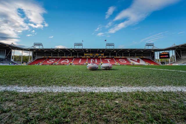 A general view of the pitch, goal and stands during the Betfred Challenge Cup Quarter Final match St Helens vs Catalans Dragons at The BrewDog Stadium, St Helens, United Kingdom on 10 April 2026

(Photo by Maynard Manyowa/News Images)