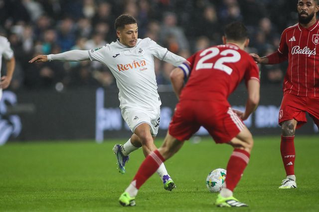 Manuel Benson of Swansea City has a shot on goal during the Carabao Cup 3rd Round Swansea City vs Nottingham Forest at Swansea.com Stadium, Swansea, United Kingdom, 17th September 2025

(Photo by Andrew Lewis/News Images)