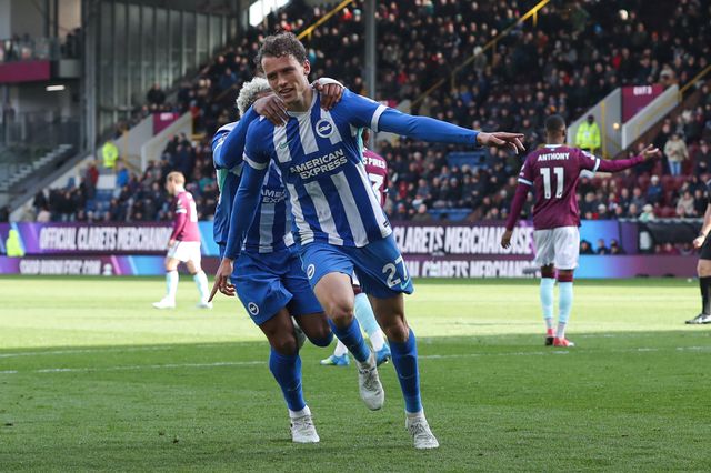 Mats Wieffer of Brighton & Hove Albion celebrates after scoring to make it 0-2 during the Premier League match Burnley vs Brighton & Hove Albion at Turf Moor, Burnley, United Kingdom on 11 April 2026

(Photo by Jorge Horsted/News Images)