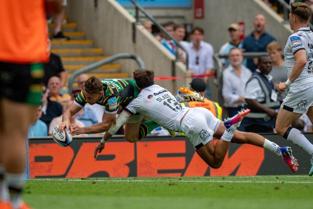 Rory Hutchinson of Northampton Saints disallowed try during the Gallagher PREM Final match Northampton Saints vs Exeter Chiefs at Allianz Stadium, Twickenham, United Kingdom on 20 June 2026.

(Photo by Alex Williamson/News Images)
