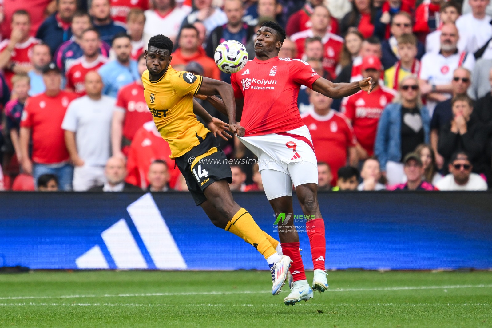Yerson Mosquera of Wolverhampton Wanderers and Taiwo Awoniyi of Nottingham Forest battle for the ball during the Premier League match Nottingham Forest vs Wolverhampton Wanderers at City Ground, Nottingham, United Kingdom, 31st August 2024

(Photo by Craig Thomas/News Images)