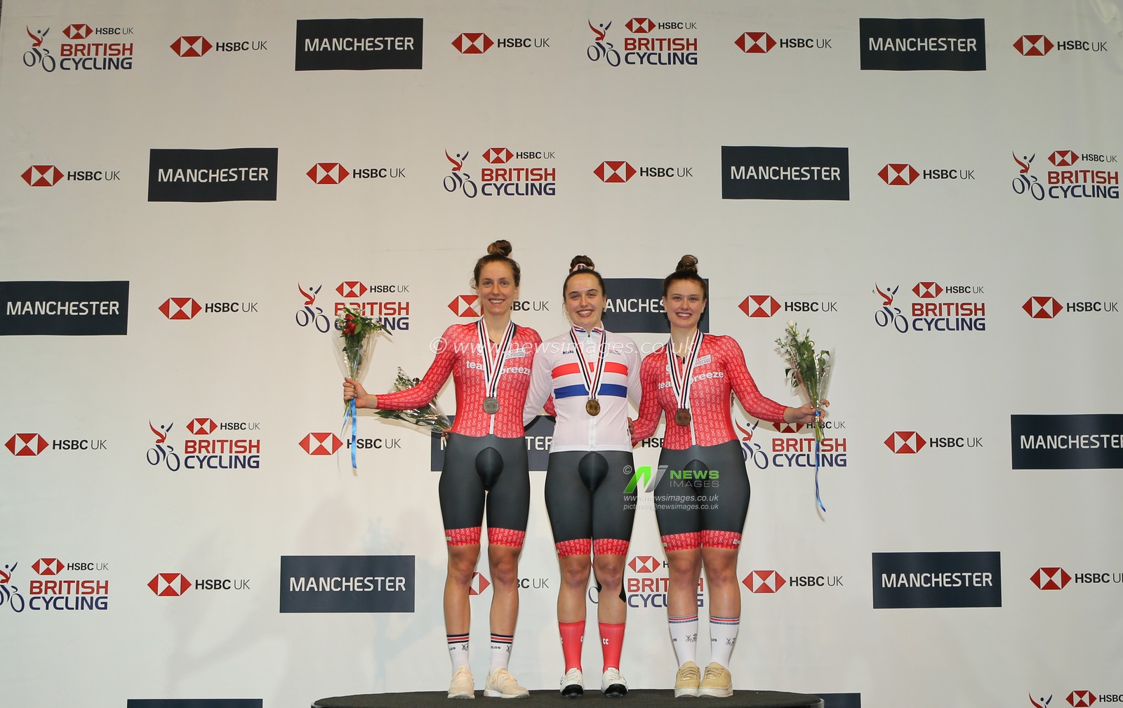 25th January 2020, National Cycling Centre, Manchester, England; 2020 HSBC National Track Championship : Ella Barnwell  (C) wins Gold in the Female Scratch Final over her 2  teams mates Josie Knight  (Silver) (L) and Jenny Holl (R) who ride for Team Breeze.