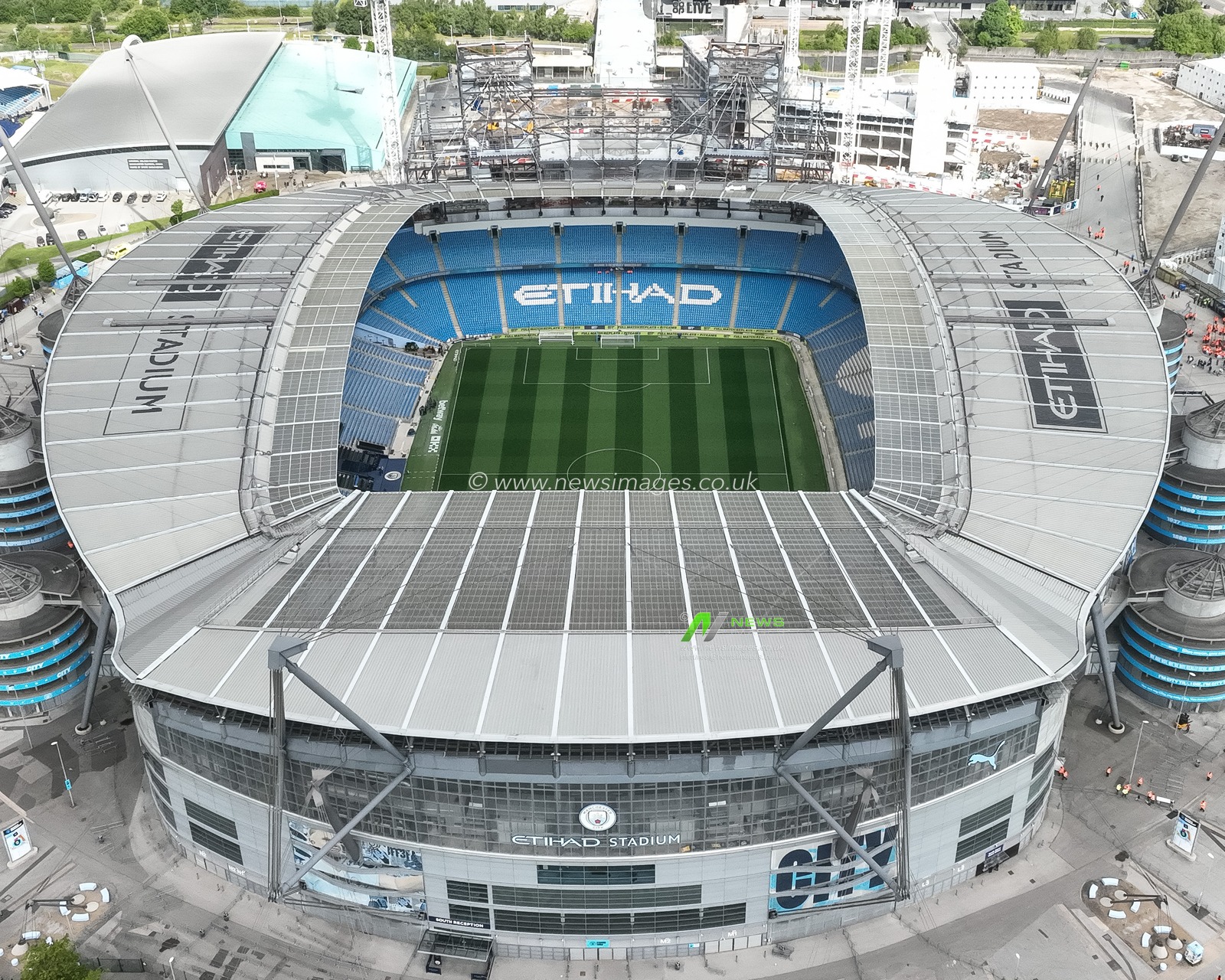 An aerial view of the Etihad Stadium ahead of the Premier League match Manchester City vs Ipswich Town at Etihad Stadium, Manchester, United Kingdom, 24th August 2024

(Photo by Mark Cosgrove/News Images)