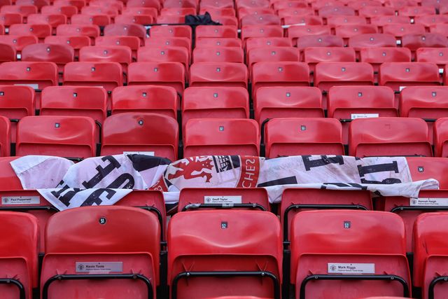 A Manchester United flag strewn over the seats during the Premier League match Manchester United vs Leeds United at Old Trafford, Manchester, United Kingdom on 13 April 2026

(Photo by Mark Cosgrove/News Images)