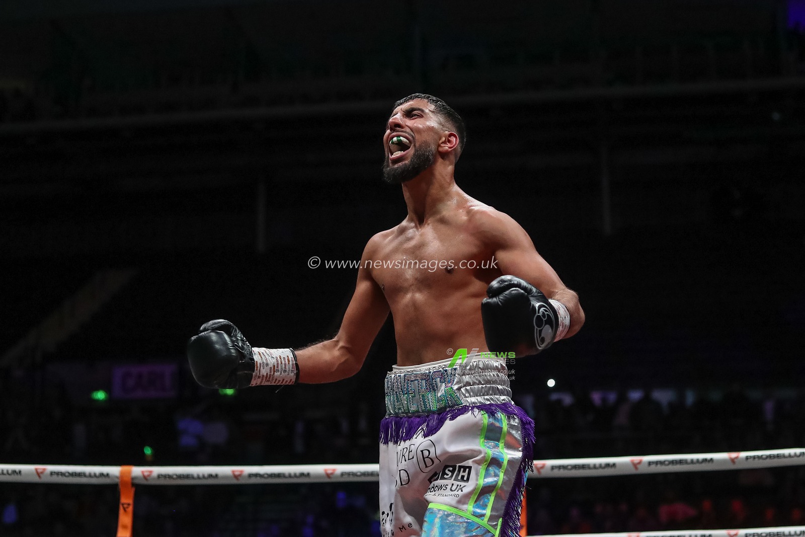 Shabaz Masoud celebrates his win in the Jack Bateson vs Shabaz Masoud fight at the Sunny Edwards vs Felix Alvarado card at Utilita Arena, Sheffield, United Kingdom, 11th November 2022

(Photo by Gareth Evans/News Images)