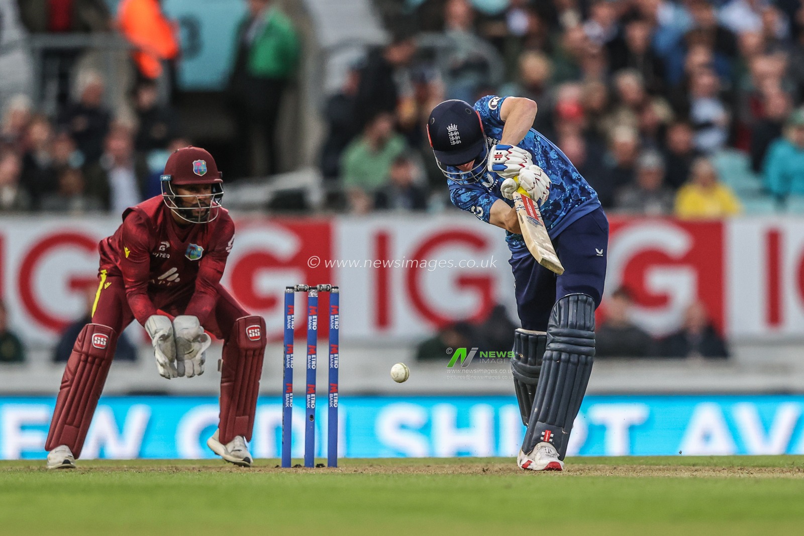 Harry Brook of England hits the ball for one run during the 3rd Metro Bank ODI England v West Indies at The Kia Oval, London, United Kingdom, 3rd June 2025

(Photo by Alfie Cosgrove/News Images)