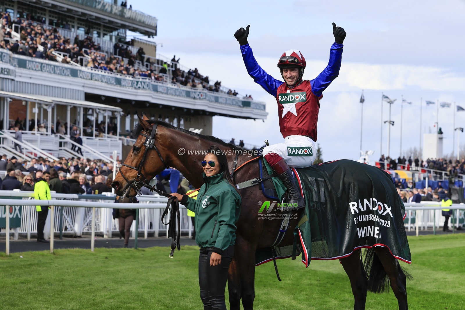 William Biddick celebrates winning The Randox Foxhunters Open Hunters Chase on Famous Clermont during the Randox Grand National festival 2023 Opening Day at Aintree Racecourse, Liverpool, United Kingdom, 13th April 2023

(Photo by Conor Molloy/News Images)
