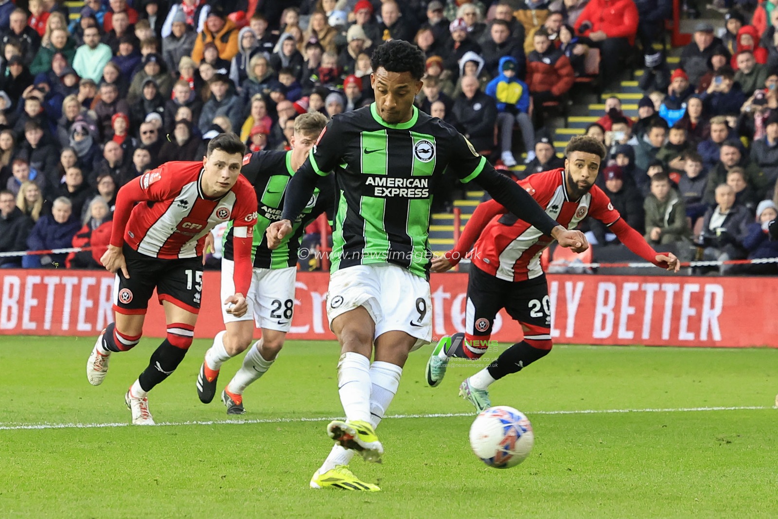 Joao Pedro of Brighton & Hove Albion scores to make it 0-2 during the warm up ahead of the Emirates FA Cup Fourth Round match Sheffield United vs Brighton and Hove Albion at Bramall Lane, Sheffield, United Kingdom, 27th January 2024

(Photo by Conor Molloy/News Images)