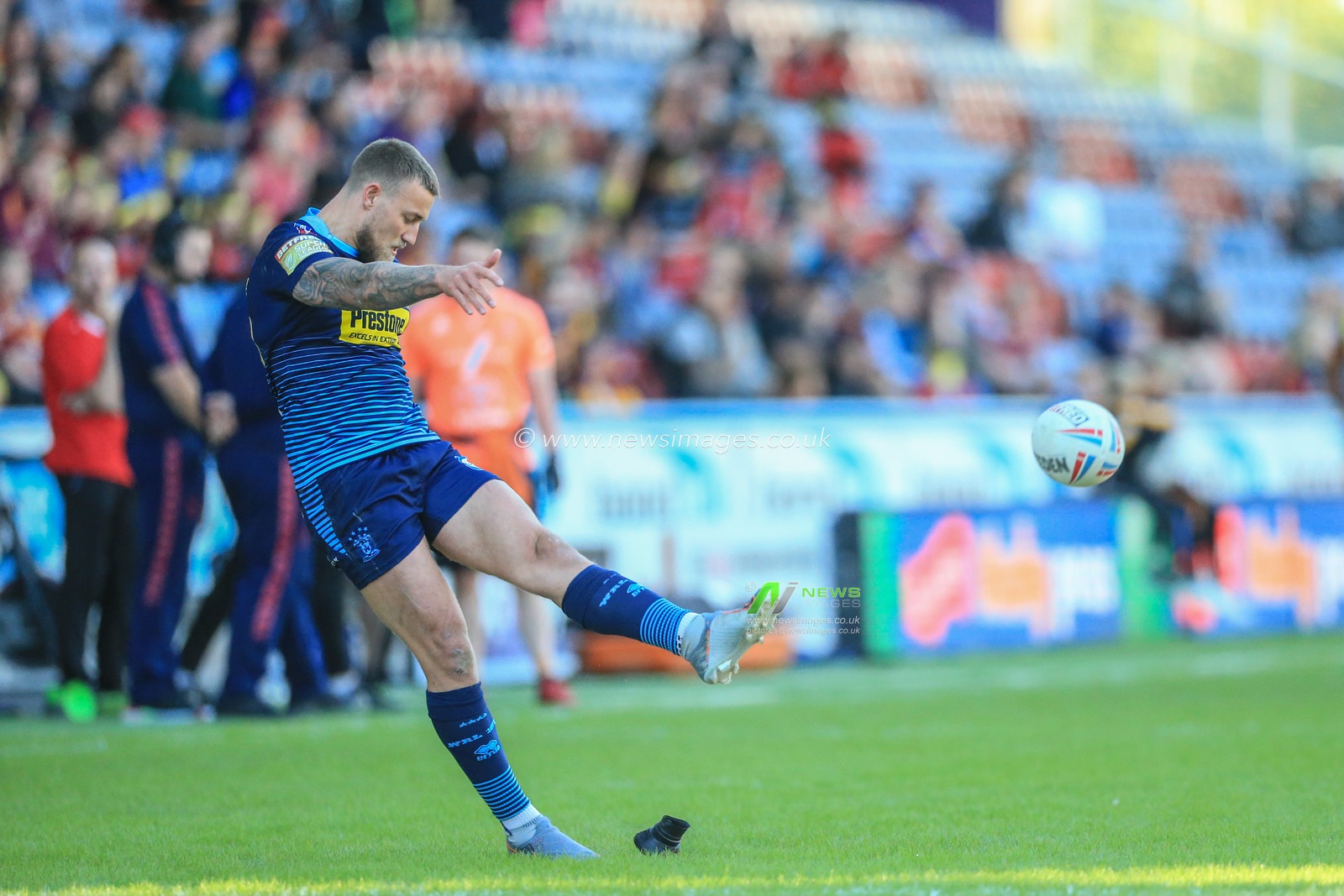21st June 2019 , John Smiths Stadium, Huddersfield, England; Betfred Super League, Round 19, Huddersfield Giants vs Wigan Warriors ; Chris Hankinson (23) of Wigan Warriors converts 


Credit Mark Cosgrove/News Images