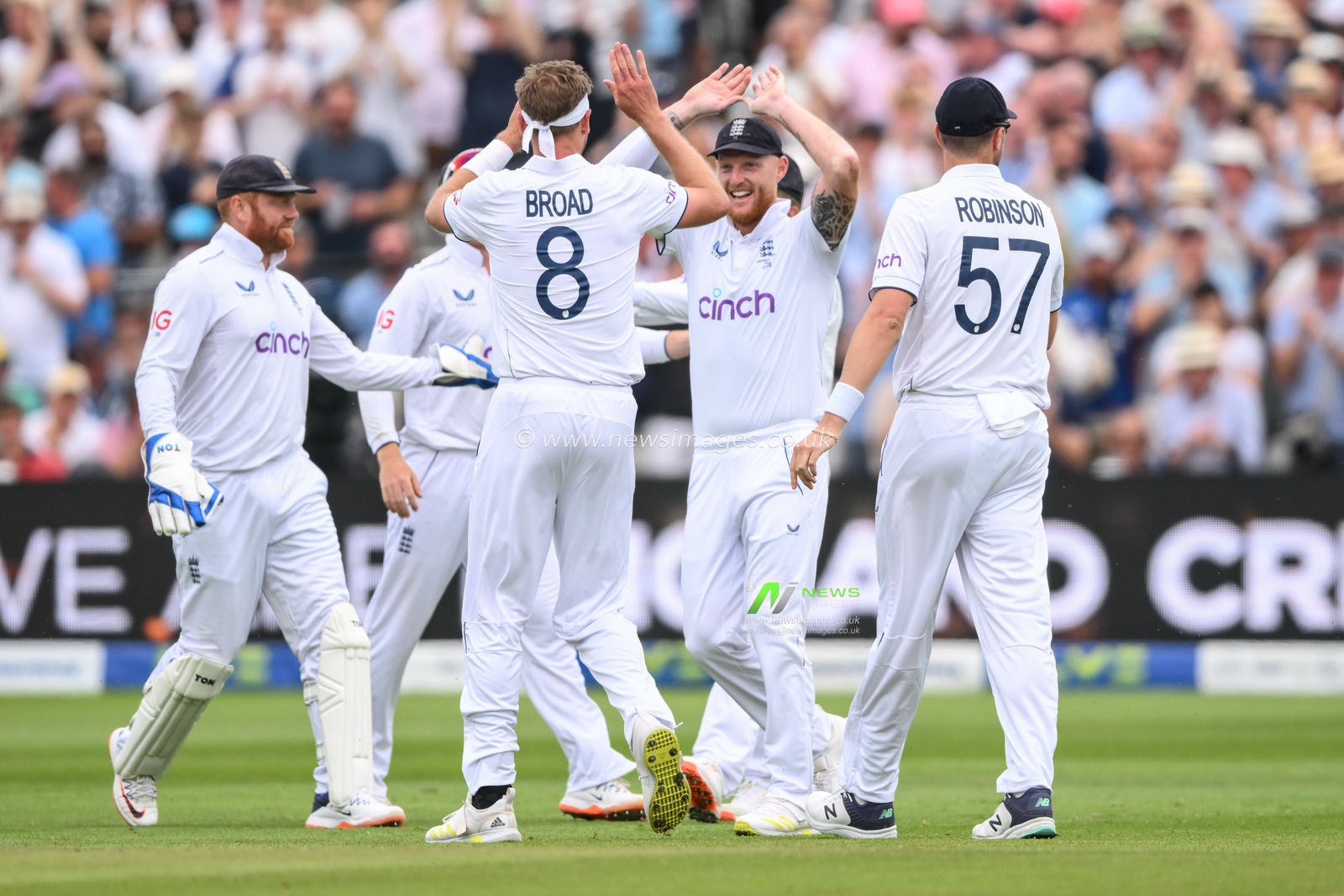 Ben Stokes of England  & Stuart Broad of England  hive five to celebrate taking the wicket of Marnus Labuschagne of Australia during the LV= Insurance Ashes First Test Series Day 2 England v Australia at Edgbaston, Birmingham, United Kingdom, 17th June 2023

(Photo by Craig Thomas/News Images)