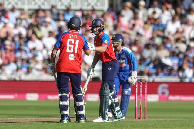 Jos Buttler of England celebrates his six with Phil Salt of England during the Third Vitality T20 International match England vs India at Trent Bridge, Nottingham, United Kingdom on 07 July 2026

(Photo by Mark Cosgrove/News Images)
