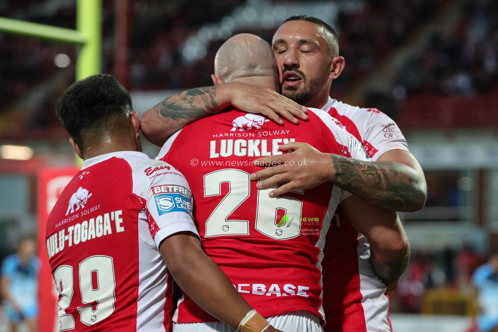 Sam Luckley #26 of Hull KR celebrates his try with Elliot Minchella and makes the score 42-0 in the second half of the Betfred Challenge Cup match Hull KR vs Batley Bulldogs at Sewell Group Craven Park, Kingston upon Hull, United Kingdom, 19th May 2023

(Photo by James Heaton/News Images)