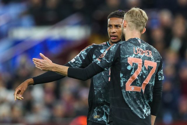 Michael Olise of Bayern Munich talks to Konrad Laimer of Bayern Munich during the UEFA Champions League League Stage match Aston Villa vs Bayern Munich at Villa Park, Birmingham, United Kingdom, 2nd October 2024

(Photo by Gareth Evans/News Images)