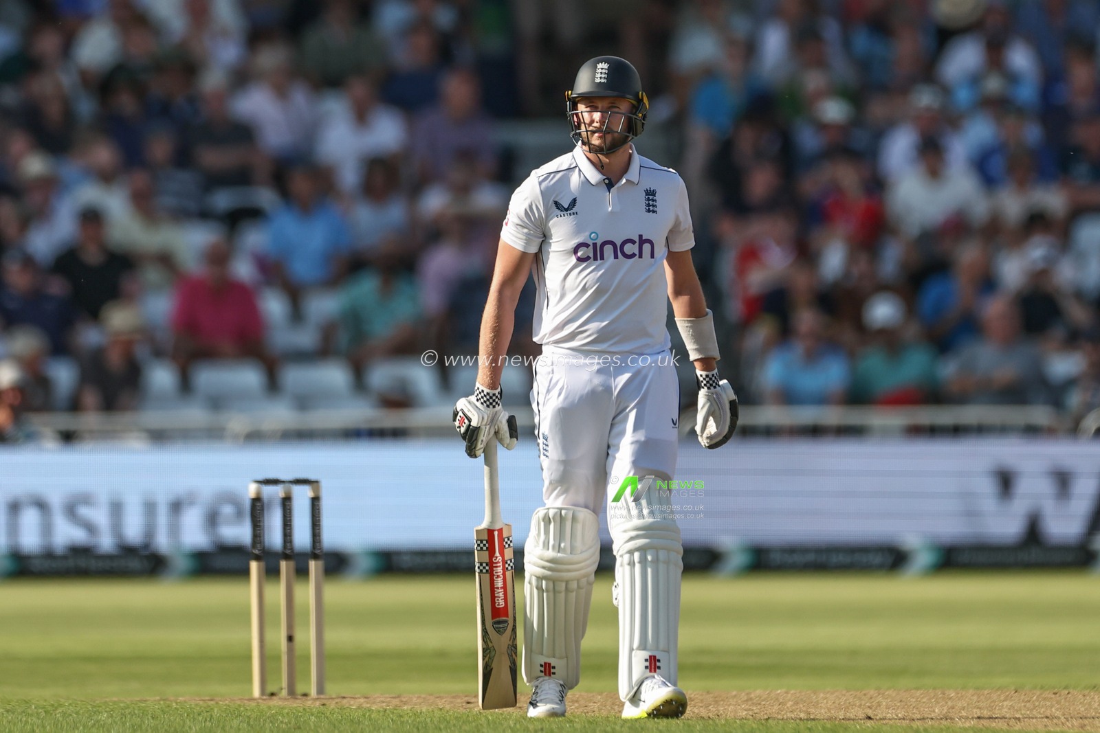 Gus Atkinson of England leaves the field of play after he hits the ball into the hands of Kavem Hodge of West Indies during the 2nd Rothesay Test Match match England vs West Indies at Trent Bridge, Nottingham, United Kingdom, 18th July 2024

(Photo by Mark Cosgrove/News Images)