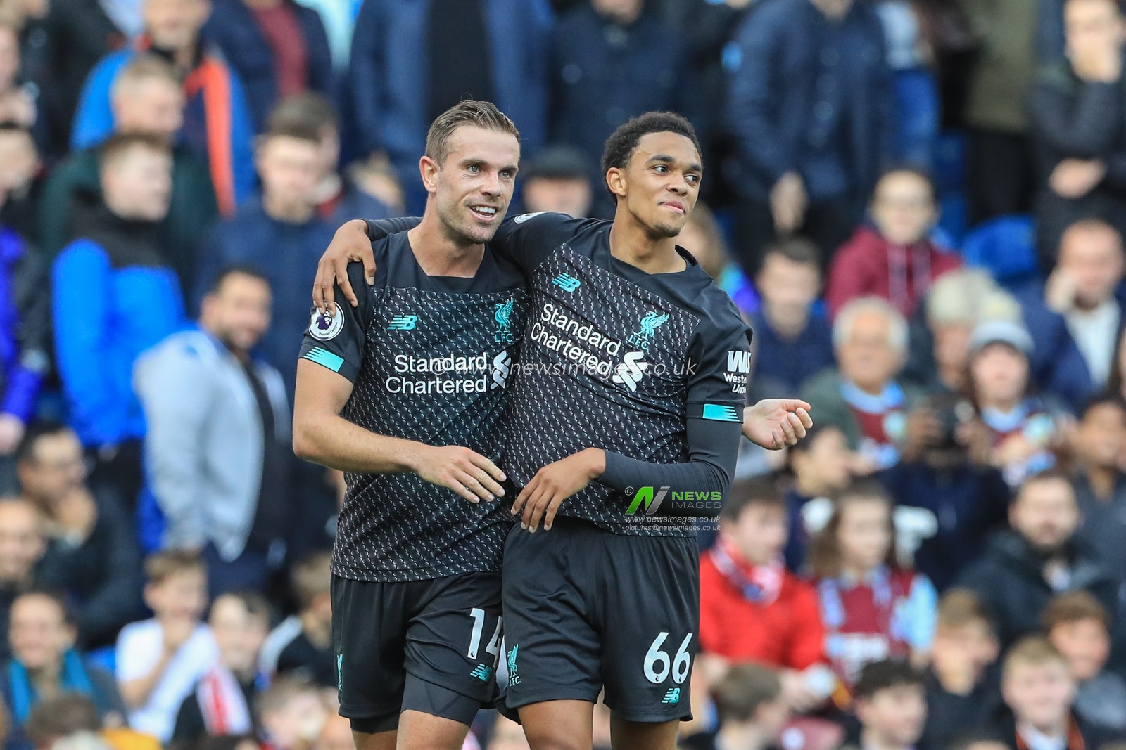 31st August 2019, Turf Moor, Burnley, England ; Premier League Football, Burnley vs Liverpool : Trent Alexander-Arnold (66) of Liverpool celebrates his goal to make it 0-1with Jordan Henderson (14) of Liverpool 

Credit: Mark Cosgrove/News Images

English Football League images are subject to DataCo Licence