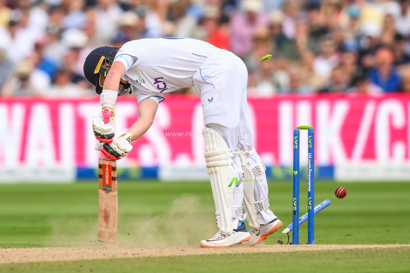 Ollie Pope of England is bowled by Pat Cummings of Australia during the LV= Insurance Ashes Test Series Day 4 match England vs Australia at Edgbaston, Birmingham, United Kingdom, 19th June 2023

(Photo by Craig Thomas/News Images)