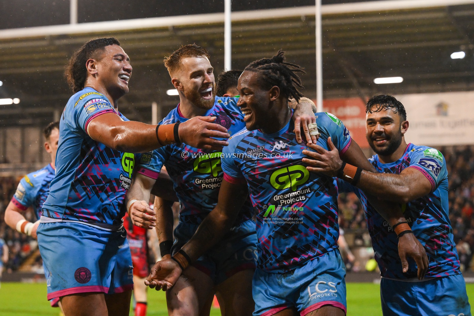 Junior Nsemba of Wigan Warriors celebrates his try during the Betfred Super League Round 7 match Leigh Leopards vs Wigan Warriors at Leigh Sports Village, Leigh, United Kingdom, 4th April 2024

(Photo by Craig Thomas/News Images)