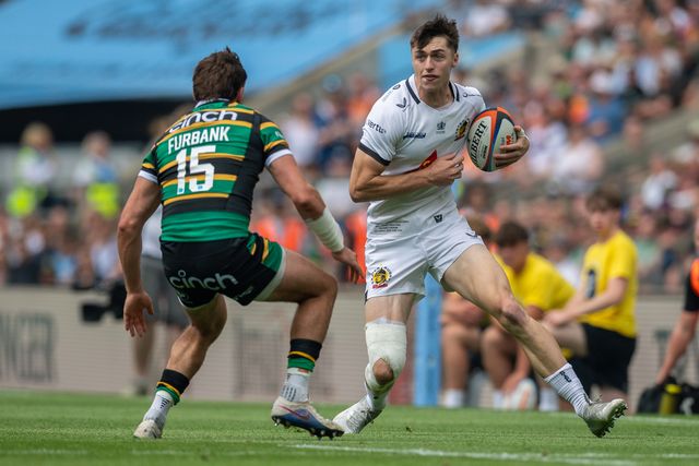 Campbell Ridl of Exeter Chiefs runs towards George Furbank of Northampton Saints during the Gallagher PREM Final match Northampton Saints vs Exeter Chiefs at Allianz Stadium, Twickenham, United Kingdom on 20 June 2026.

(Photo by Alex Williamson/News Images)