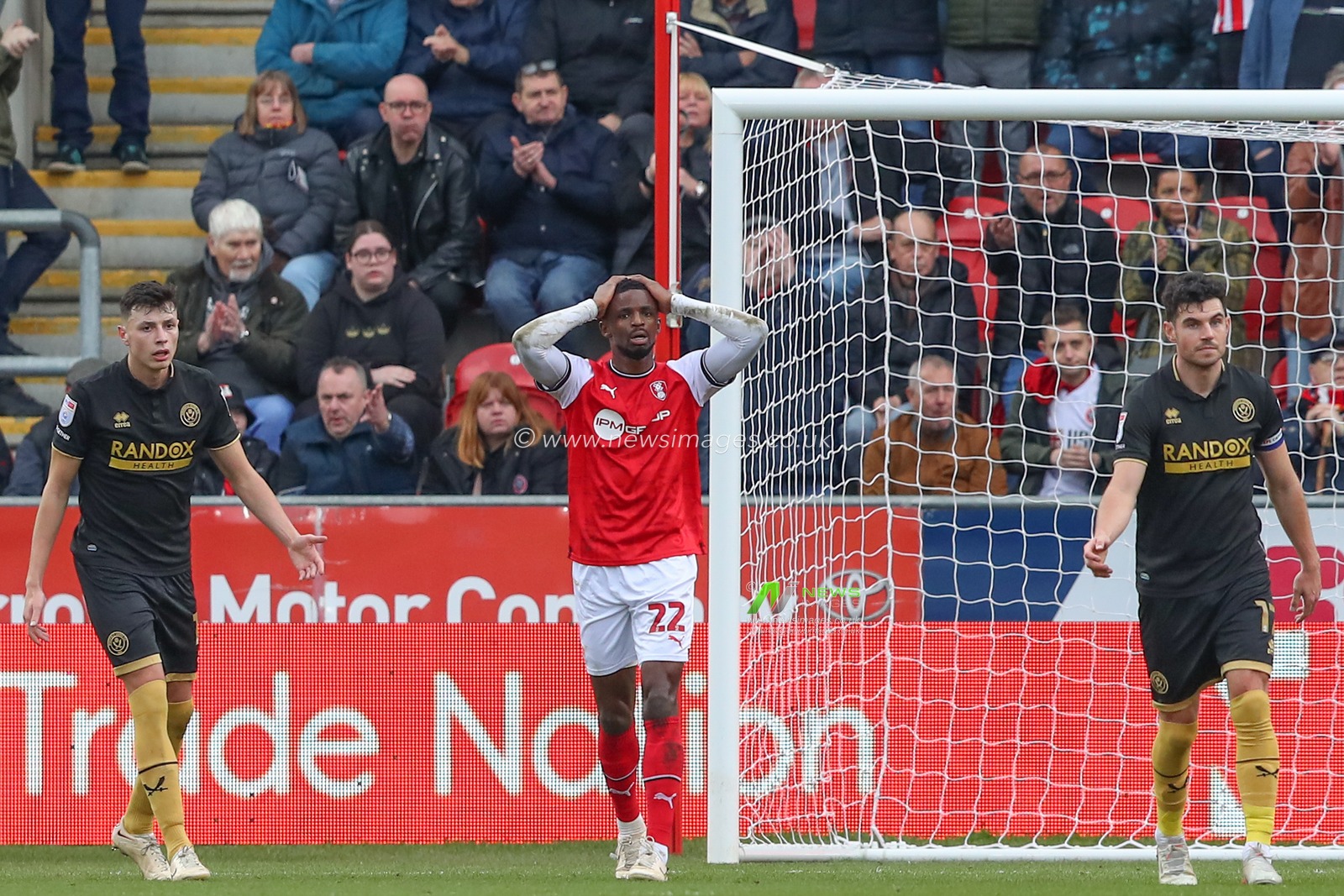 Tommy Doyle #22 of Sheffield United looks dejected after Wes Foderingham #18 of Sheffield United saves his shot during the Sky Bet Championship match Rotherham United vs Sheffield United at New York Stadium, Rotherham, United Kingdom, 4th February 2023

(Photo by Gareth Evans/News Images)