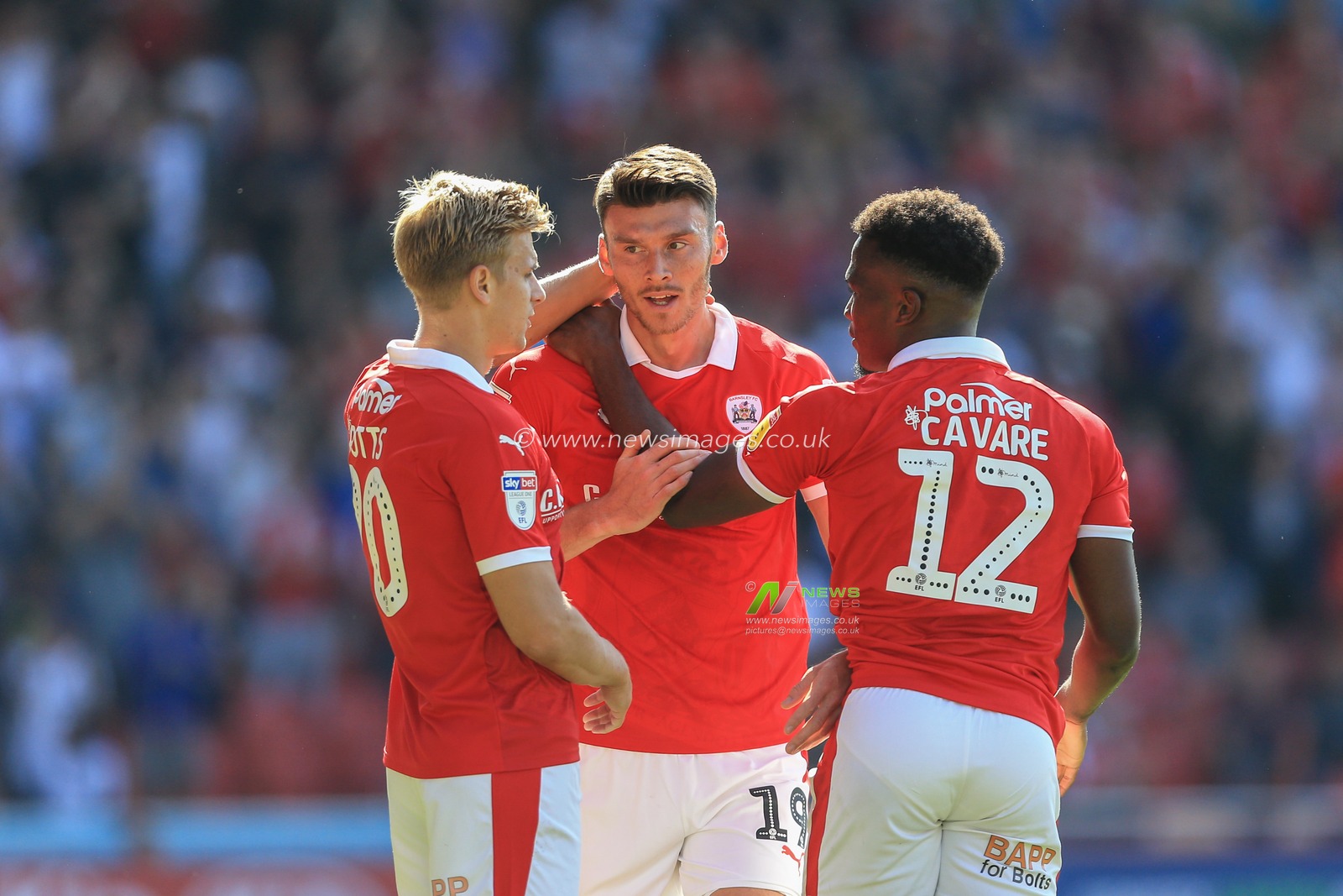 1st September 2018, Oakwell, Barnsley, England; Sky Bet League One, Barnsley v Gillingham ; Kieffer Moore (19) of Barnsley celebrates his goal to make it 1-0 with \b20 and Dimitri Cavare (12) of Barnsley