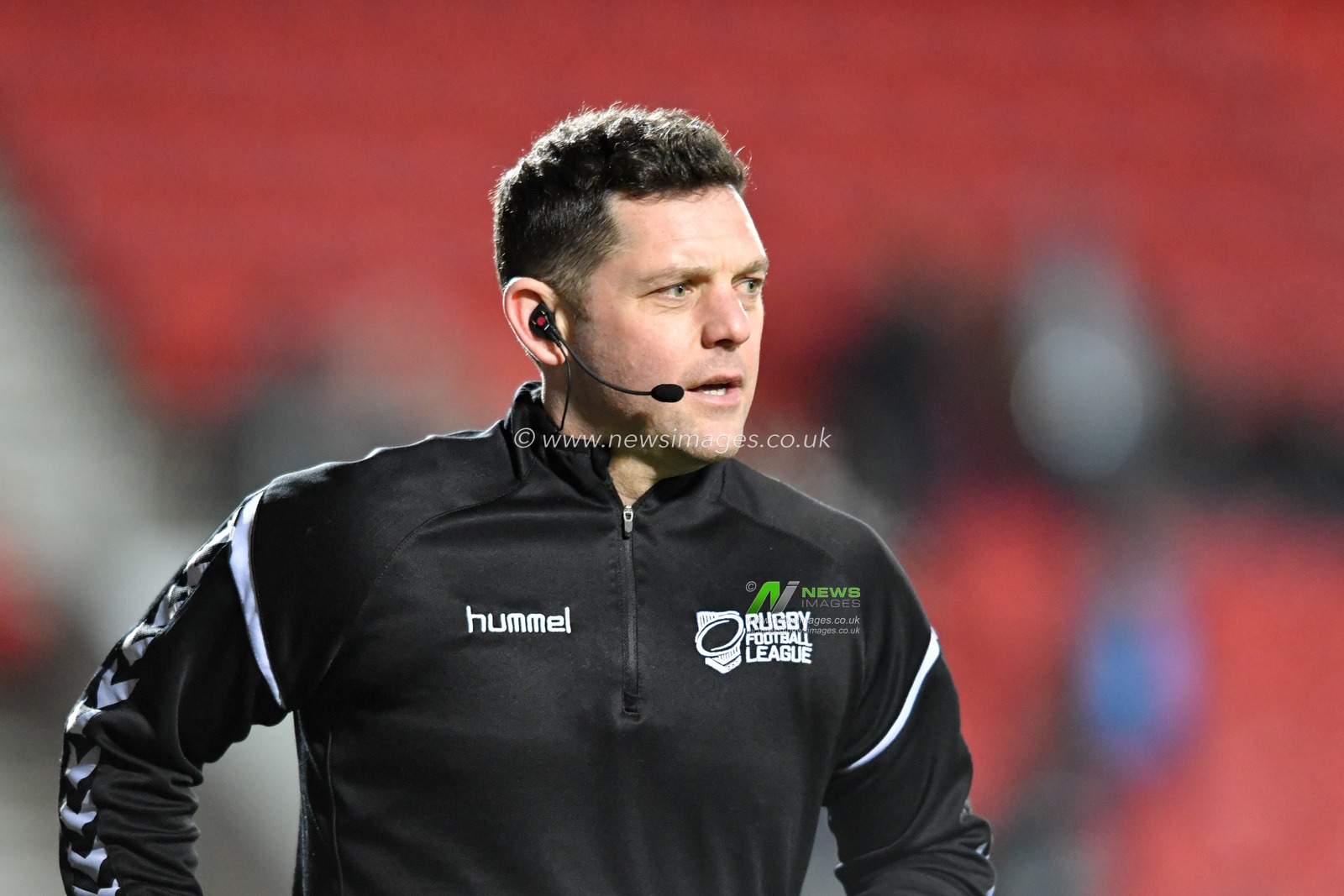 6th March 2020, Totally Wicked Stadium, St Helens, England; Betfred Super League, Saint Helens v Huddersfield Giants : Referee Gareth Hewer warming up before the game