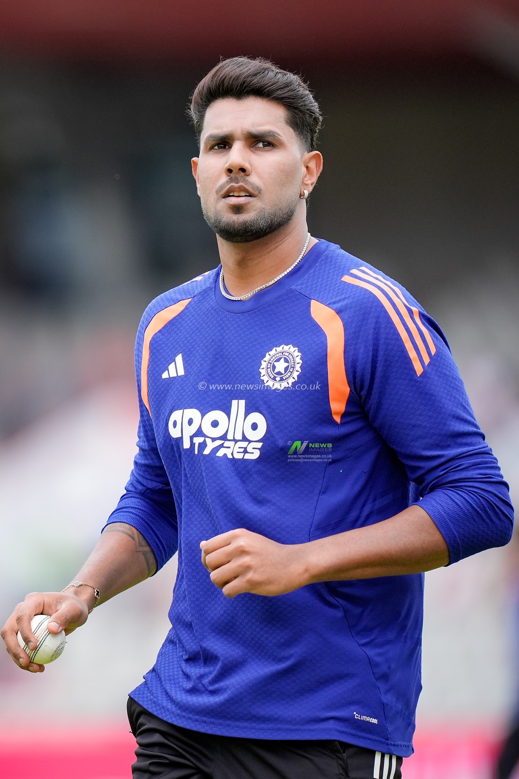 Harshit Rana of India in the pre-game warm up session during the Second Vitality T20 International match England vs India at Old Trafford, Manchester, United Kingdom on 04 July 2026

(Photo by Maynard Manyowa/News Images)