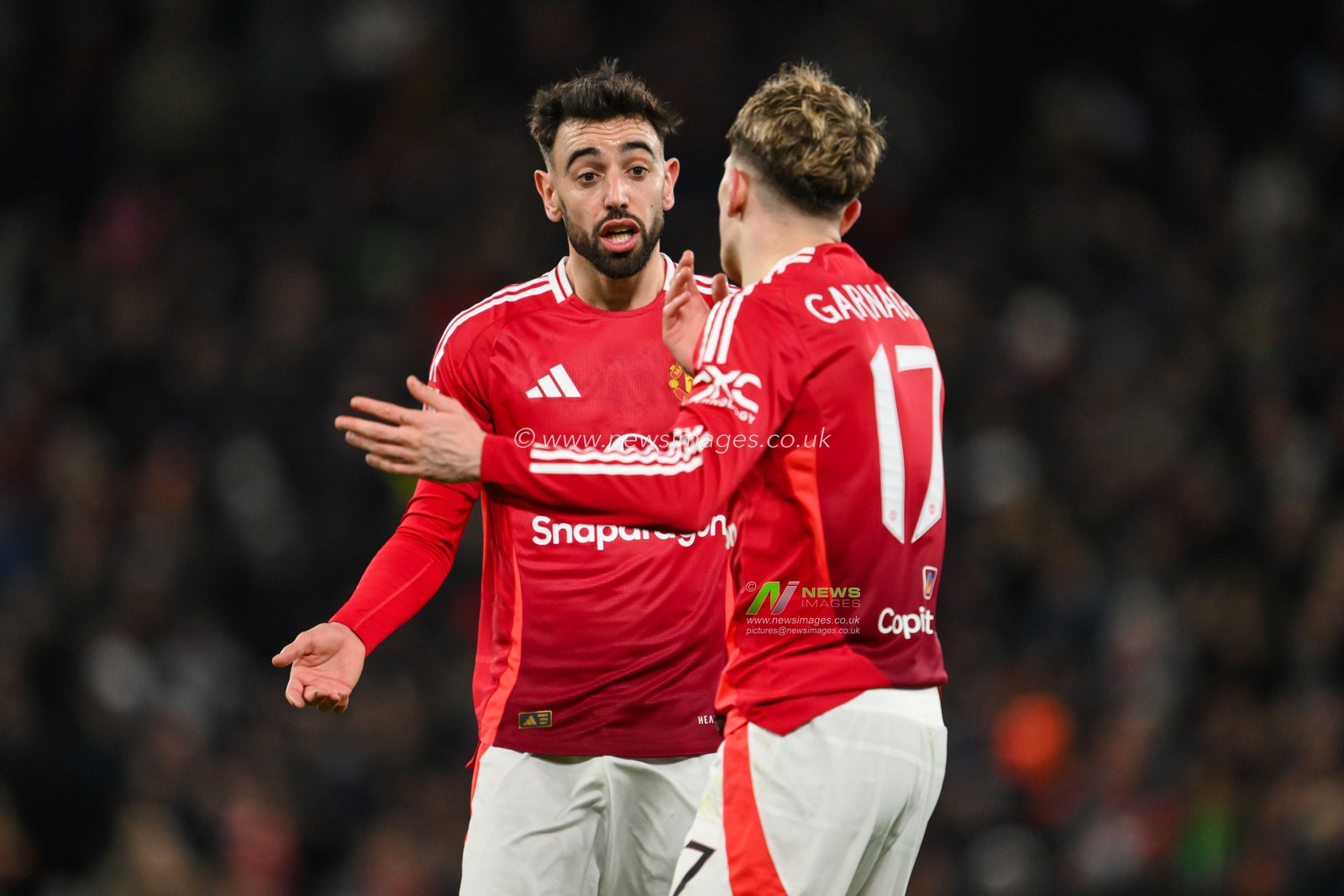 Bruno Fernandes of Manchester United gives Alejandro Garnacho instructions during the Emirates FA Cup Fourth Round match Manchester United vs Leicester City at Old Trafford, Manchester, United Kingdom, 7th February 2025

(Photo by Craig Thomas/News Images)