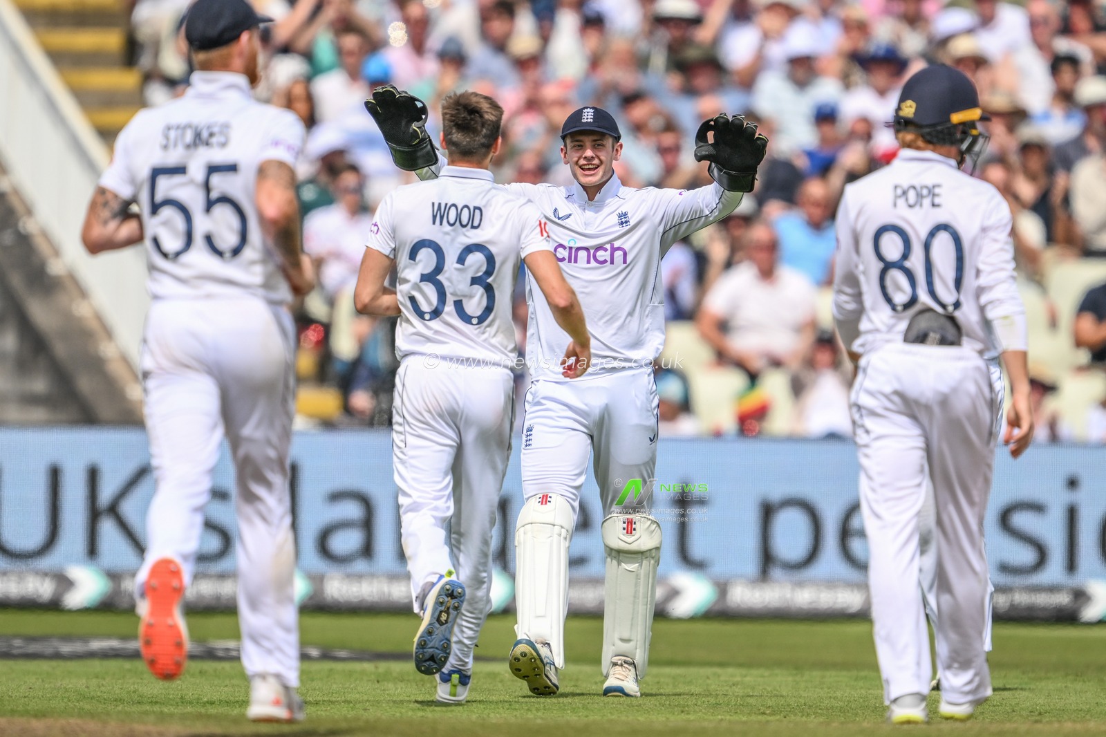 Mark Wood of England celebrates the wicket of Jayden Seales of West Indies during the 3rd Rothesay Test Match Day 3 England vs West Indies at Edgbaston, Birmingham, United Kingdom, 28th July 2024

(Photo by Craig Thomas/News Images)