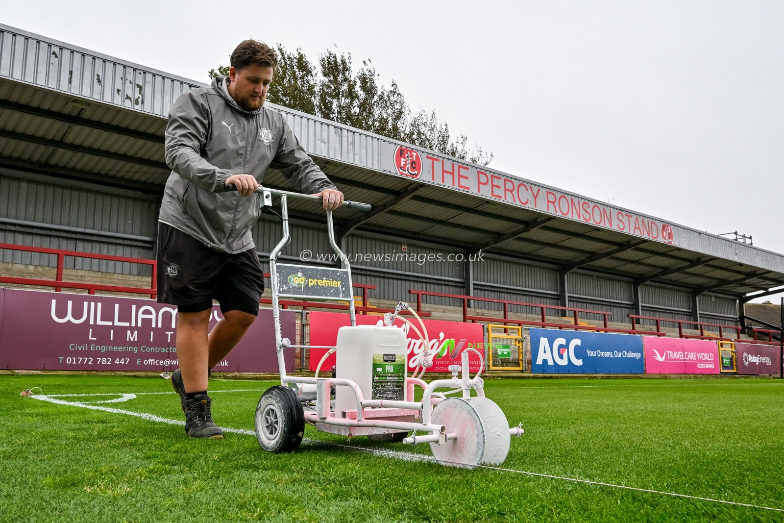 General ground views of Highbury Stadium, home ground for Fleetwood Town, with the groundsman painting the white lines prior to the The Vertu Trophy match Fleetwood Town vs Leeds United Academy at Highbury Stadium, Fleetwood, United Kingdom, 7th October 2025

(Photo by Adam Gee/News Images)