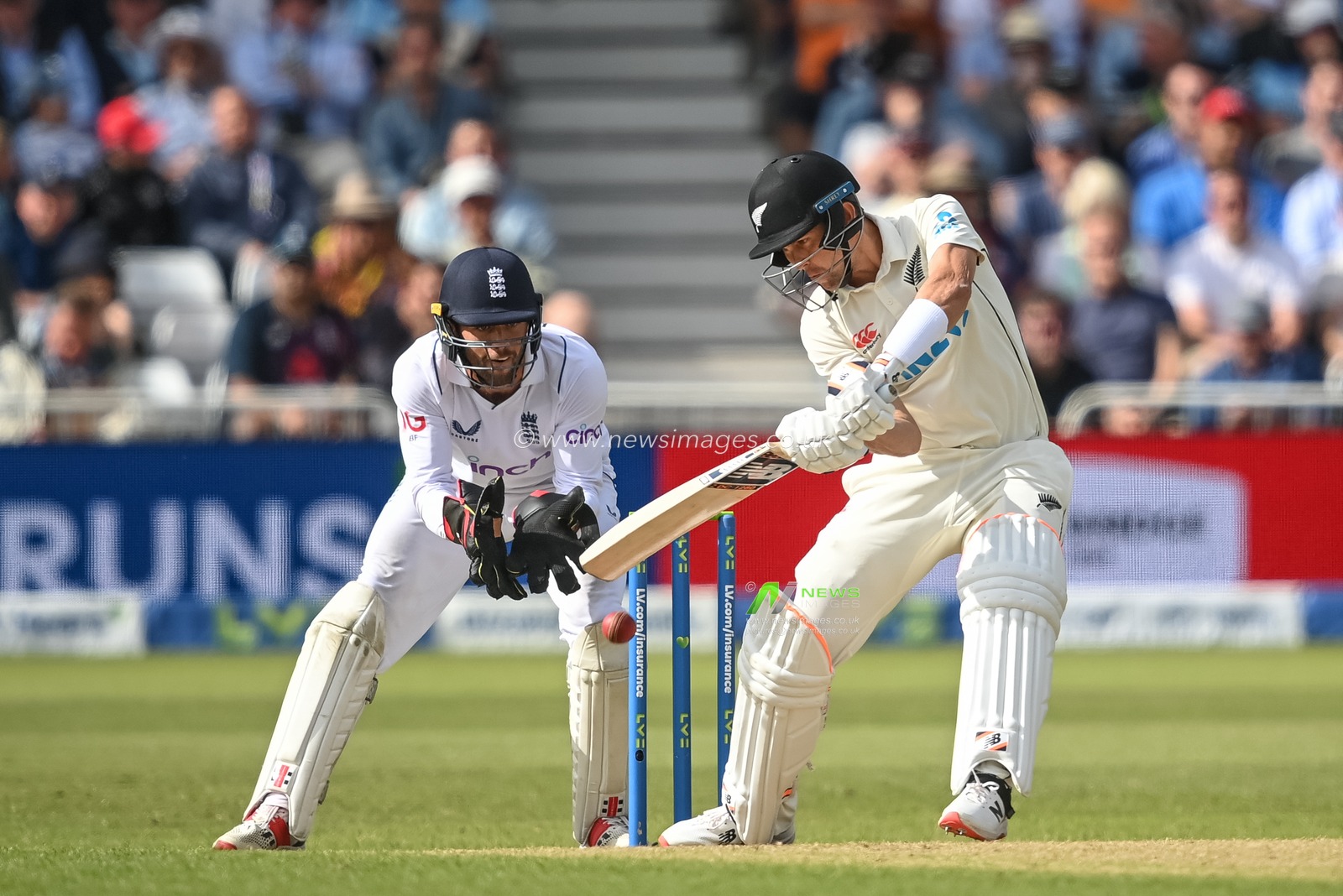 Trent Boult of New Zealand clips the ball back to Ben Foakes of England during day 2 of the 2nd Test between the New Zealand Blackcaps and England at Trent Bridge Cricket Ground, Nottingham, England on Saturday 11 June 2022.
New Zealand tour of England 2022.
 Â© Craig Thomas / www.photosport.nz