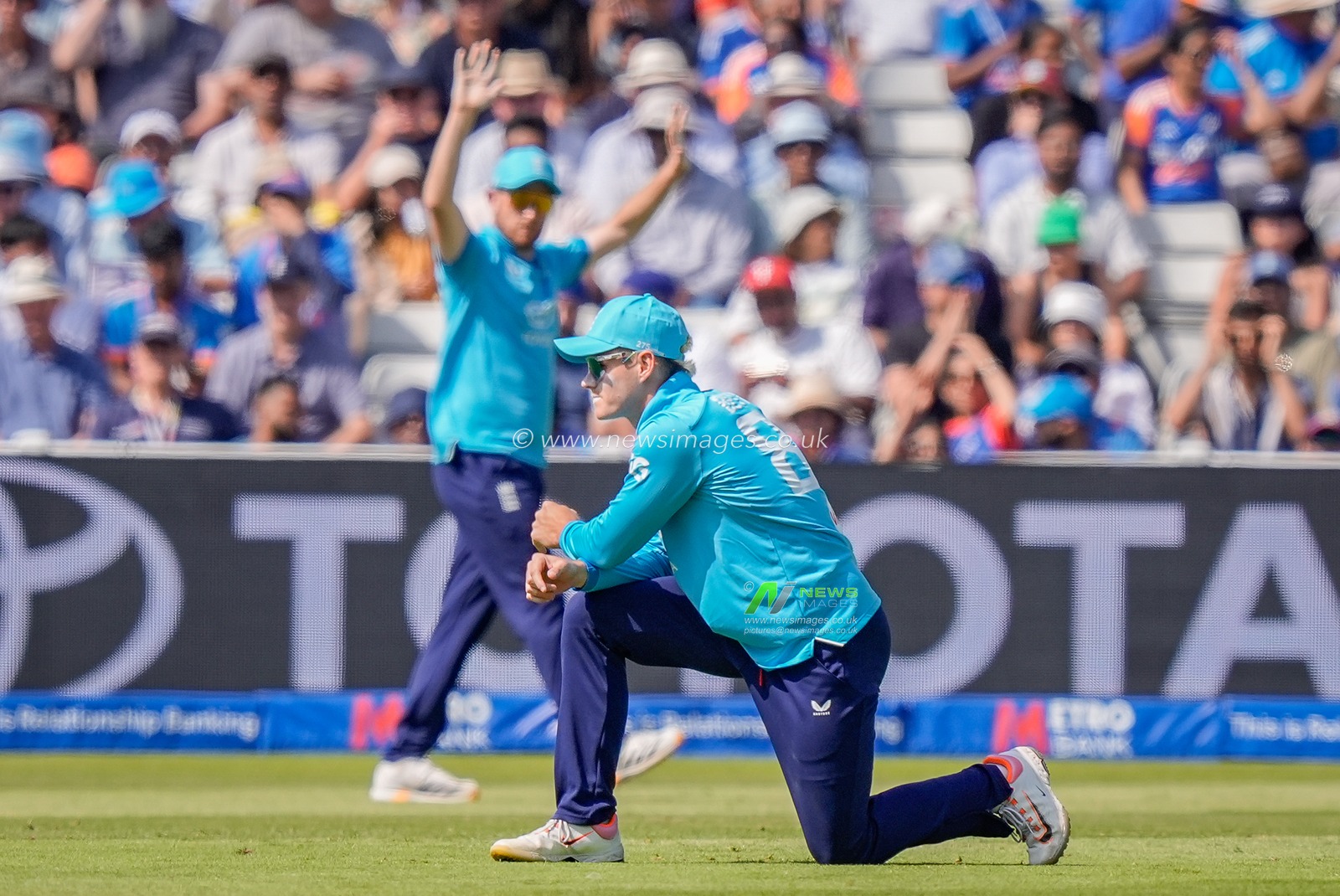 Jacob Bethell of England and Liam Dawson of England react to a close chance during the 1st Metro Bank ODI match England vs India at Edgbaston, Birmingham, United Kingdom on 14 July 2026

(Photo by Maynard Manyowa/News Images)