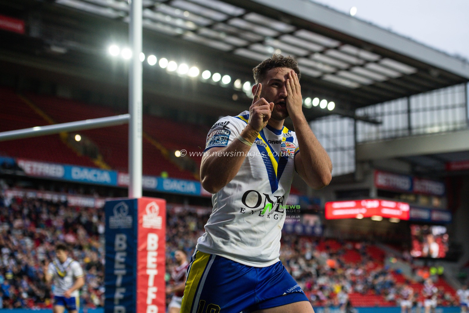 25th May 2019 , Anfield Stadium, Liverpool, England; Dacia Magic Weekend, Betfred Super League Round 16, Wigan Warriors vs Warrington Wolves ; Toby King (18) of Warrington Wolves celebrates scoring his try

Credit: Craig Thomas/News Images