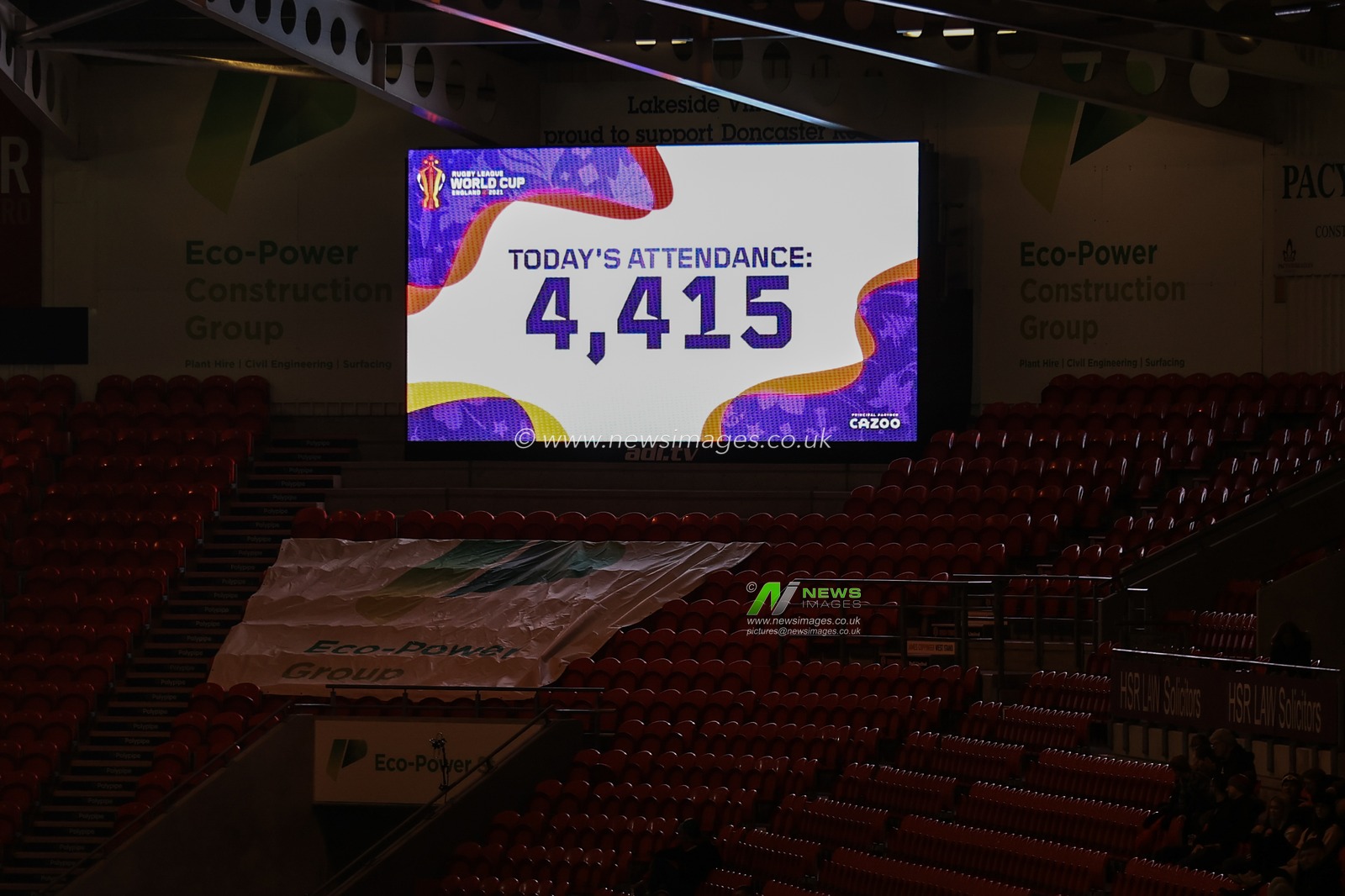 Todays attendance 4,415 during the Rugby League World Cup 2021 Cup Group A match Samoa vs Greece at Eco-Power Stadium, Doncaster, United Kingdom, 23rd October 2022

(Photo by Mark Cosgrove/News Images)