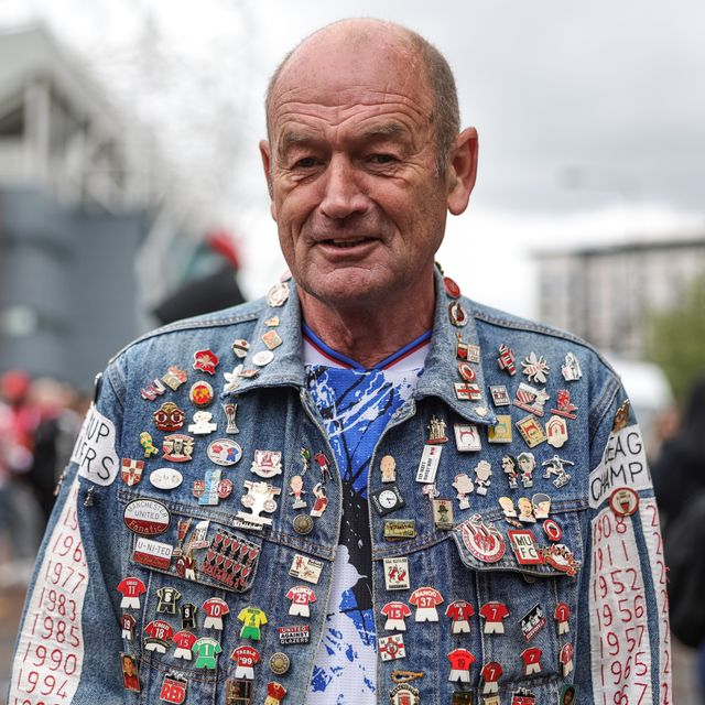 Manchester United fan with pin badges on his denim coat during the Premier League match Manchester United vs Liverpool at Old Trafford, Manchester, United Kingdom on 03 May 2026

(Photo by Mark Cosgrove/News Images)