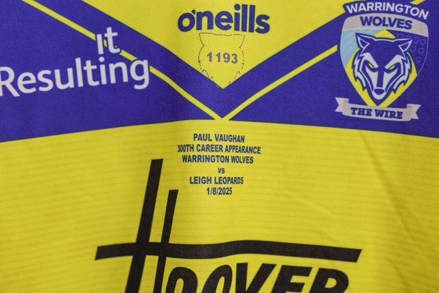 The match shirt of Paul Vaughan of Warrington Wolves who makes his 300th career appearance during the Betfred Super League Round 20 Leigh Leopards vs Warrington Wolves at Leigh Sports Village, Leigh, United Kingdom, 1st August 2025

(Photo by Mark Cosgrove/News Images)