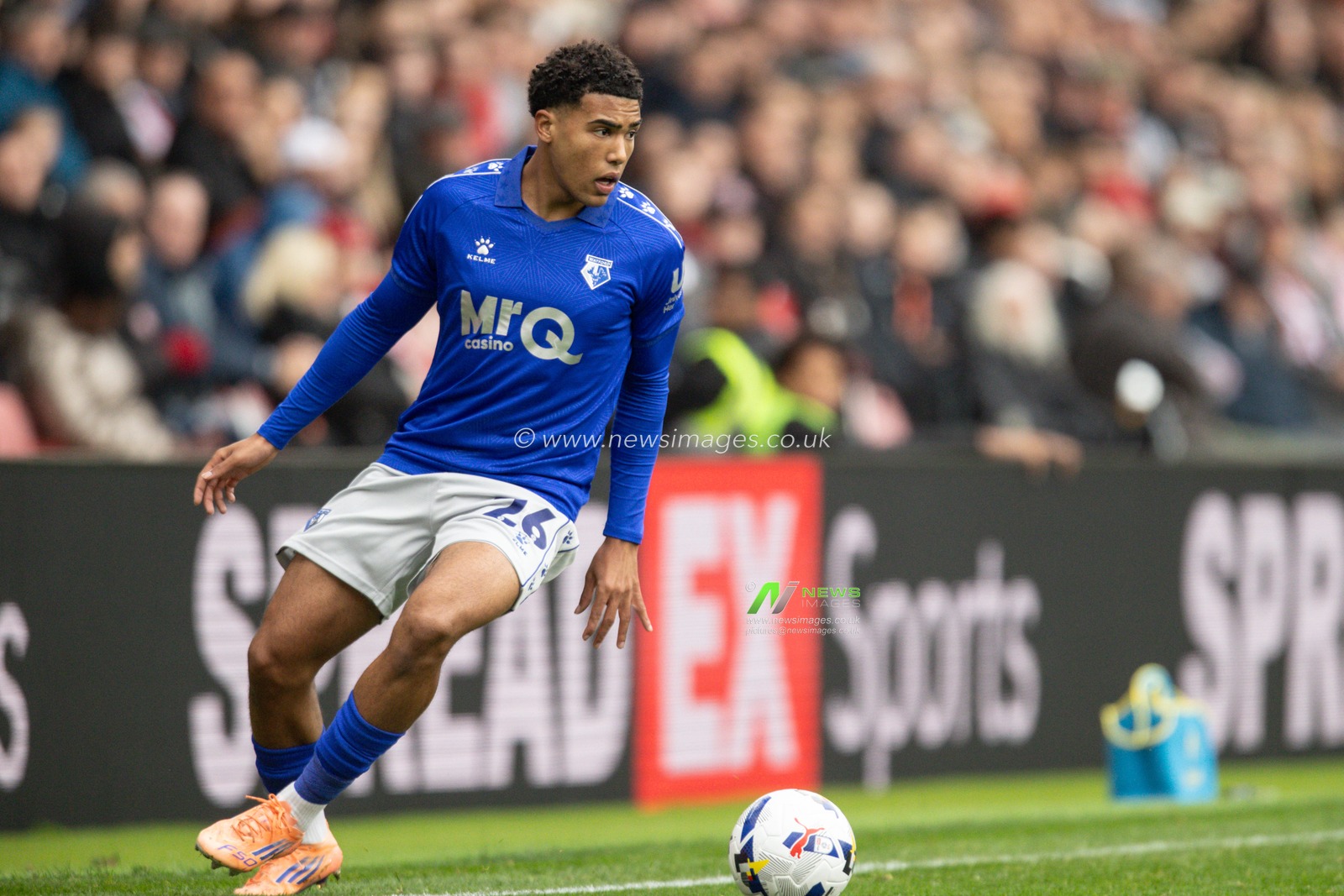 Caleb Wiley of Watford in action  during the Sky Bet Championship match Sheffield United vs Watford at Bramall Lane, Sheffield, United Kingdom, 18th October 2025

(Photo by Richard Bierton/News Images)