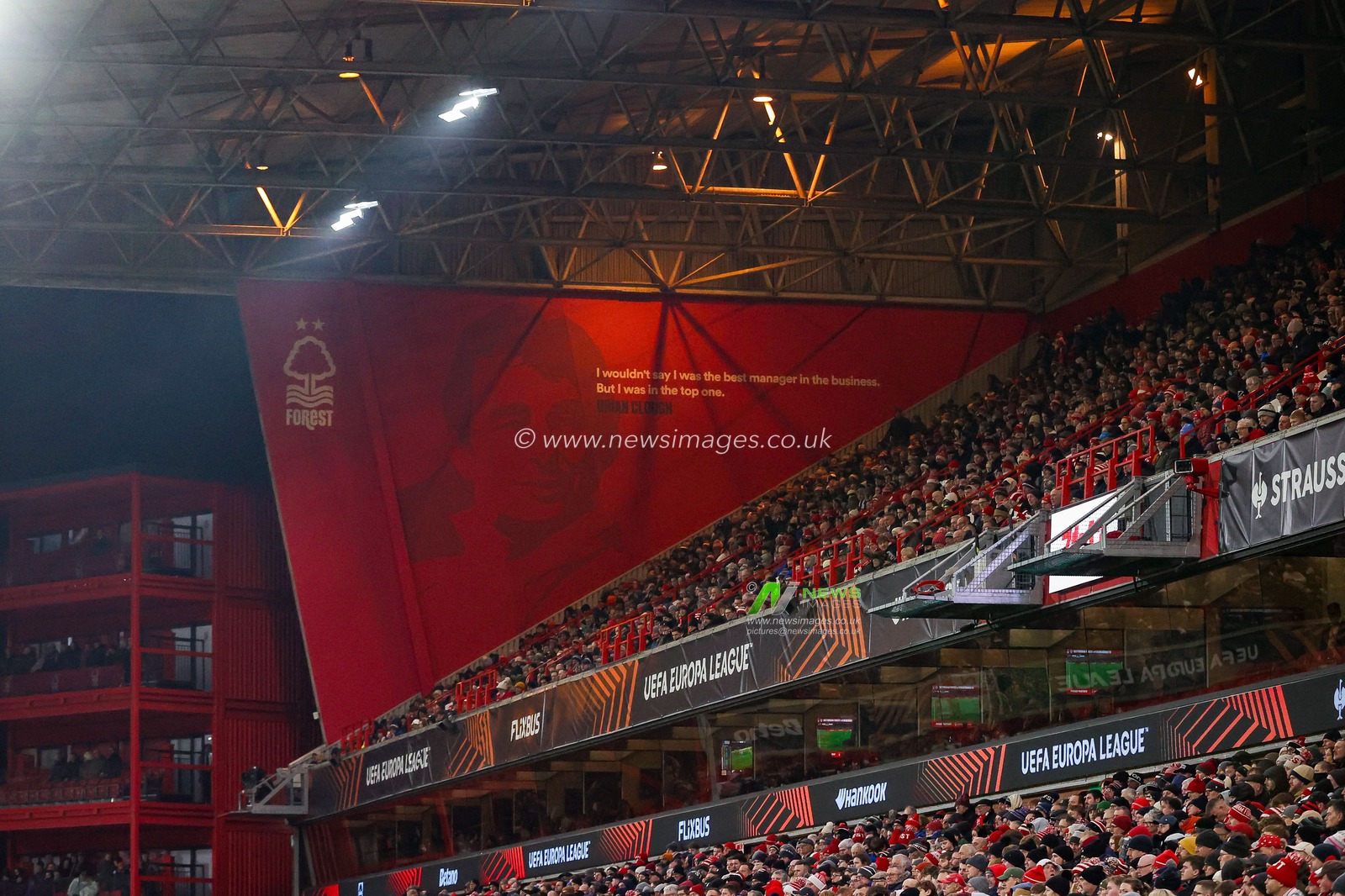 Nottingham Forest fans watch intently in the stands where a painting of Brian Clough resides during the UEFA Europa League Matchday 8 of 8 Nottingham Forest vs Ferencvaros at City Ground, Nottingham, United Kingdom, 29th January 2026

(Photo by Alfie Cosgrove/News Images)
