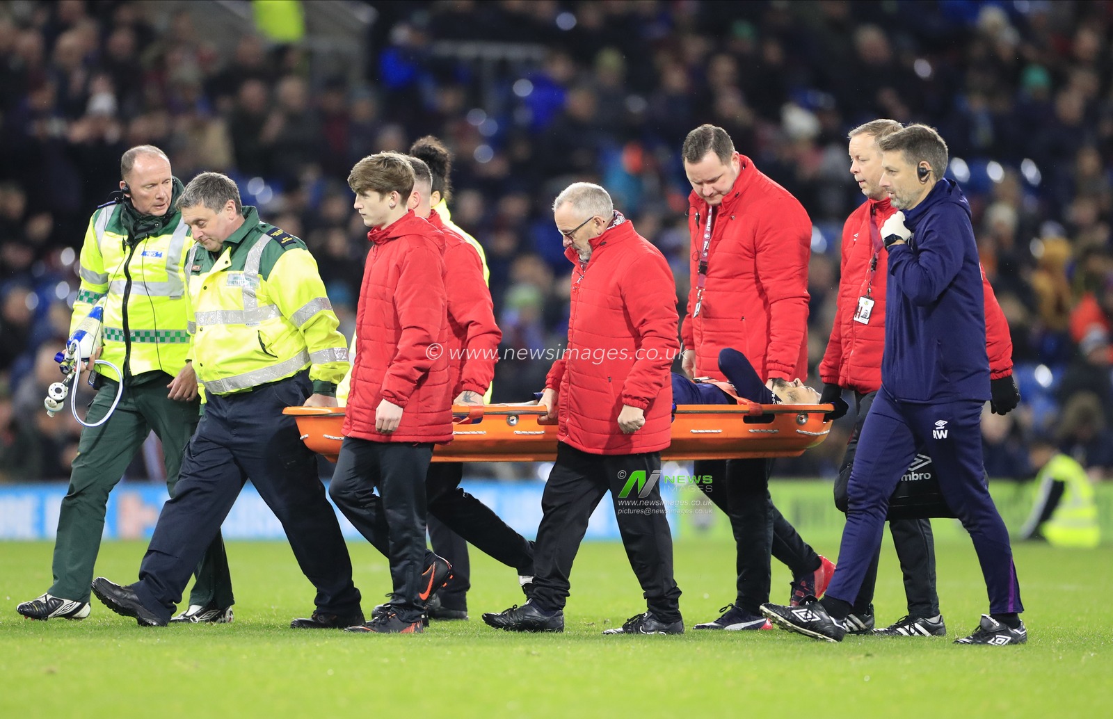 9th November 2019, Turf Moor, Burnley, England; Premier League, Burnley v West Ham United : Manuel Lanzini (10) of West Ham United is carried off on a stretcher late in the game

Credit: Conor Molloy/News Images