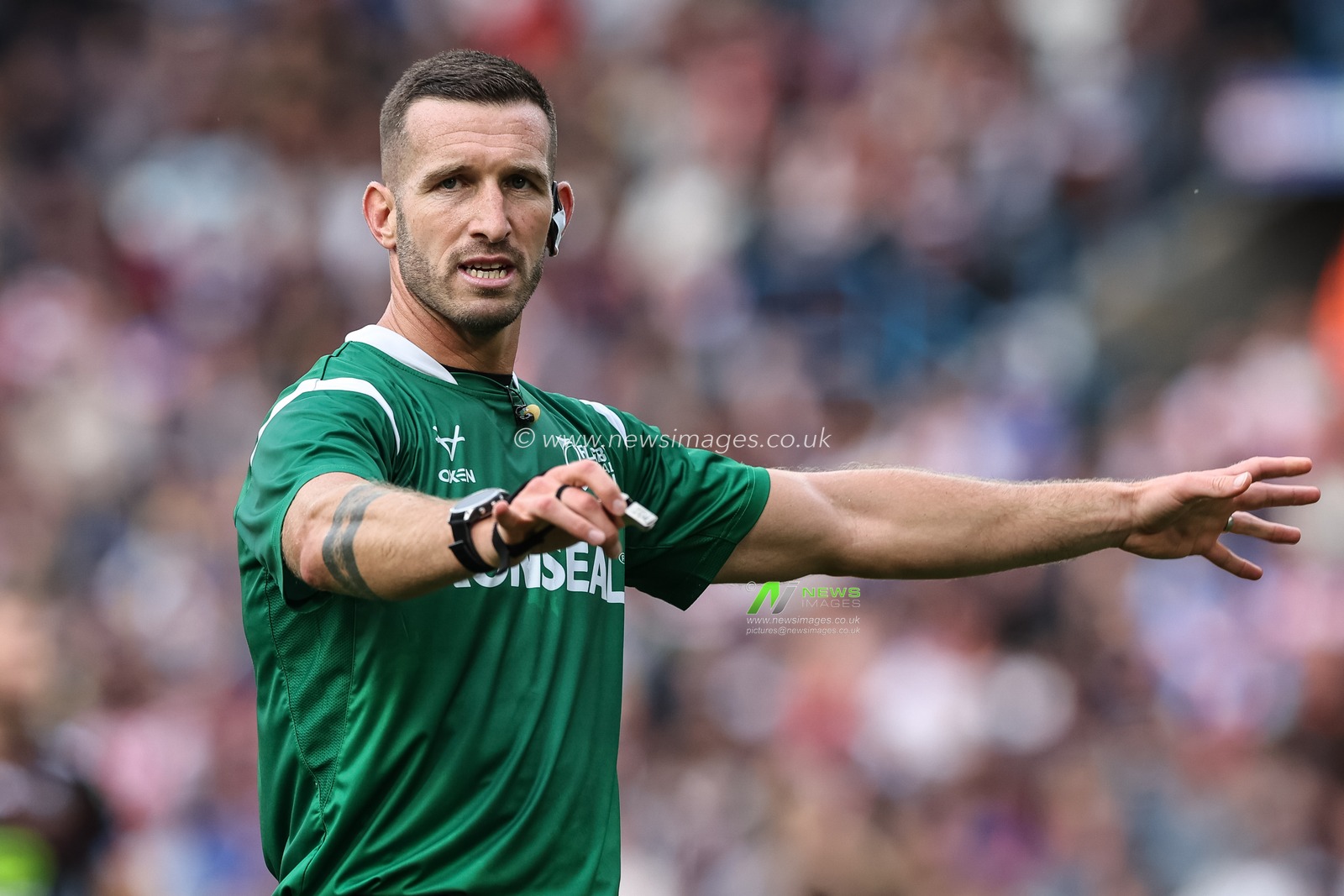 Referee Jack Smith during the Magic Weekend match Wigan Warriors vs St Helens at Elland Road, Leeds, United Kingdom, 17th August 2024

(Photo by Mark Cosgrove/News Images)