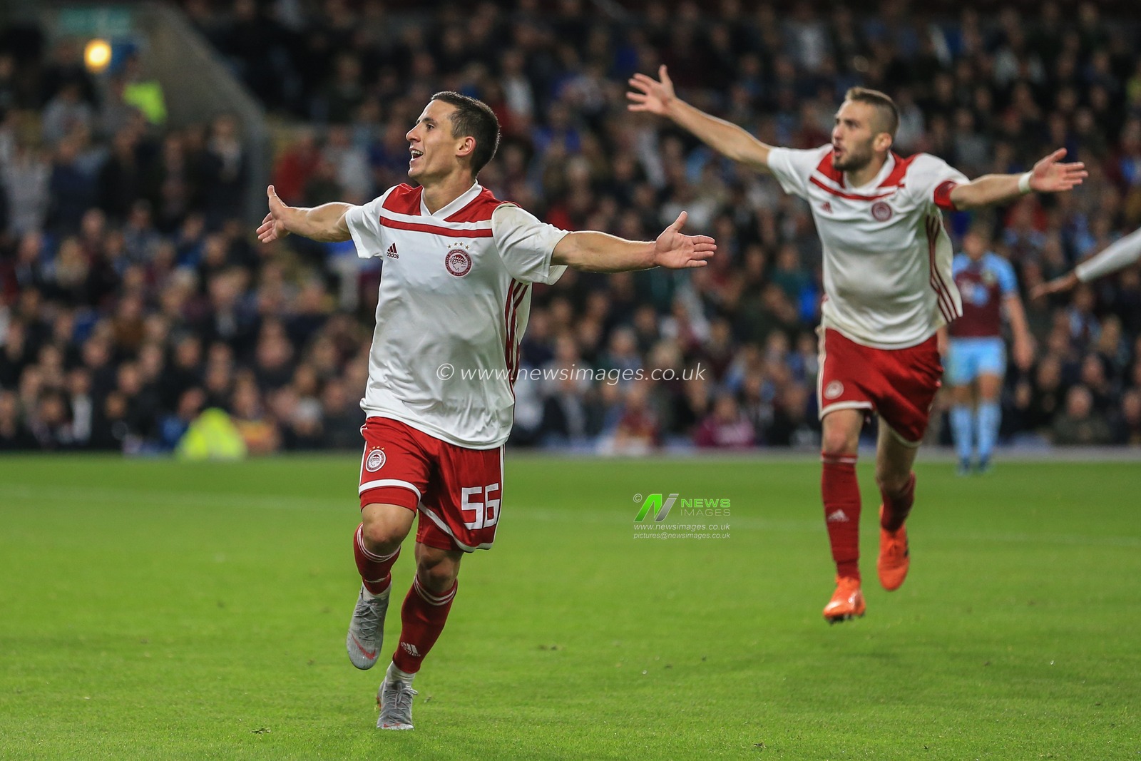 30th August 2018, Turf Moor, Burnley, England; UEFA Europa League Play-off second leg Burnley v Olympiakos ; Daniel Podence of Olympiacos celebrates his goal to make it 0-1