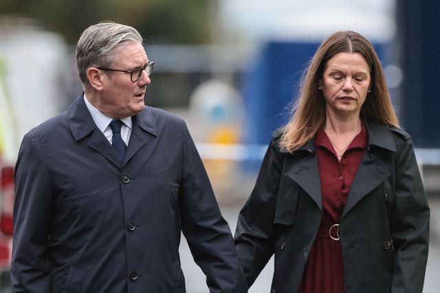 Sir Keir Starmer, Prime Minister of the United Kingdom of Great Britain and Northern Ireland and his wife Victoria, Lady Starmer hold hands as they leave the scene during the Manchester synagogue terror attack day 2 at Heaton Park Shul, Manchester, United Kingdom, 3rd October 2025

(Photo by Mark Cosgrove/News Images)