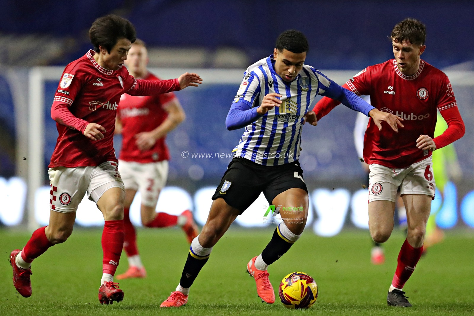 Shea Charles of Sheffield Wednesday is pressured by Yu Hirakawa of Bristol City and Max Bird of Bristol City during the Sky Bet Championship match Sheffield Wednesday vs Bristol City at Hillsborough, Sheffield, United Kingdom, 22nd January 2025

(Photo by Sam Eaden/News Images)