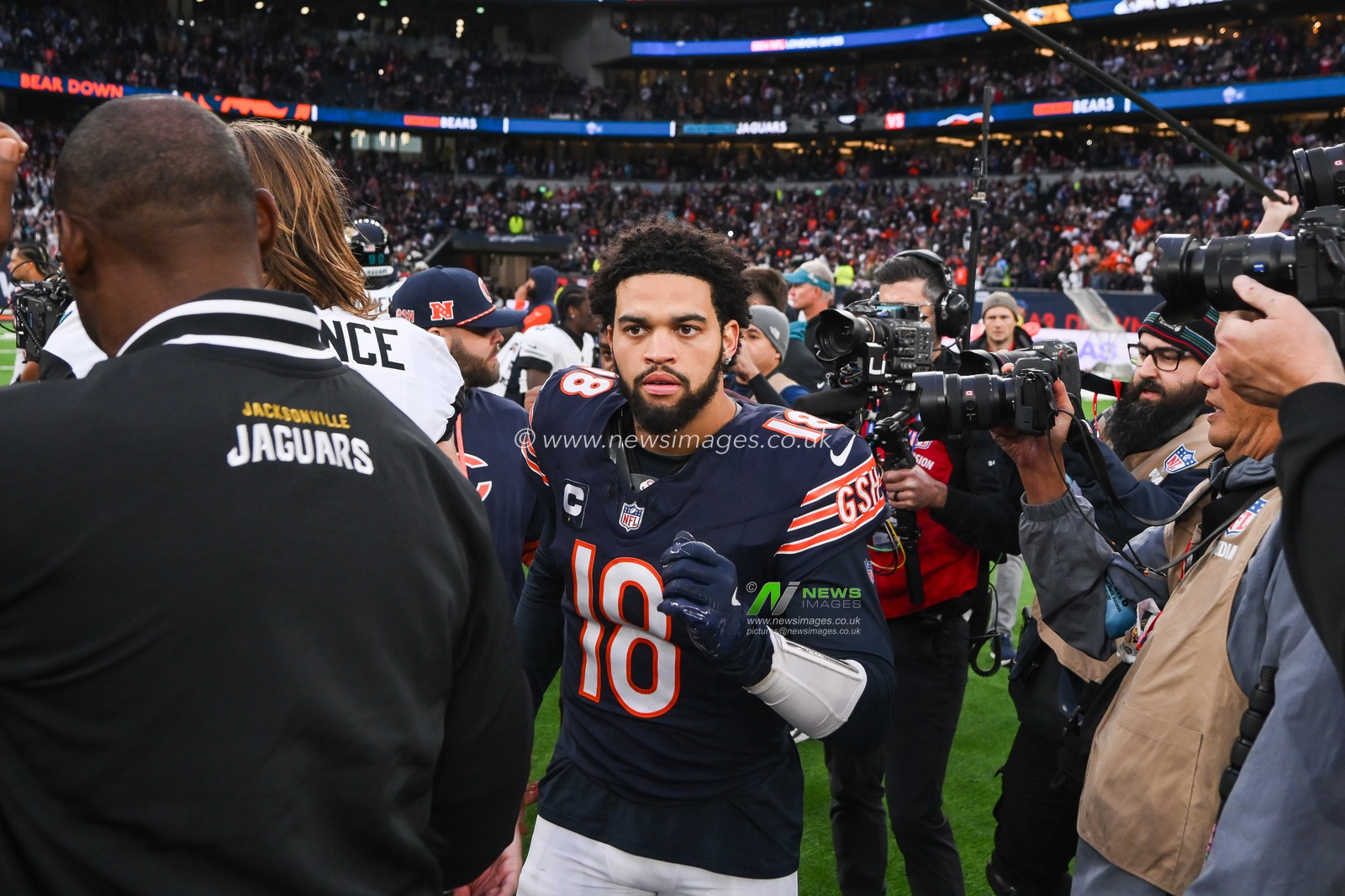 Caleb Williams of the Chicago Bears after the Week 6 match Chicago Bears vs Jacksonville Jaguars at Tottenham Hotspur Stadium, London, United Kingdom, 13th October 2024

(Photo by Craig Thomas/News Images)
