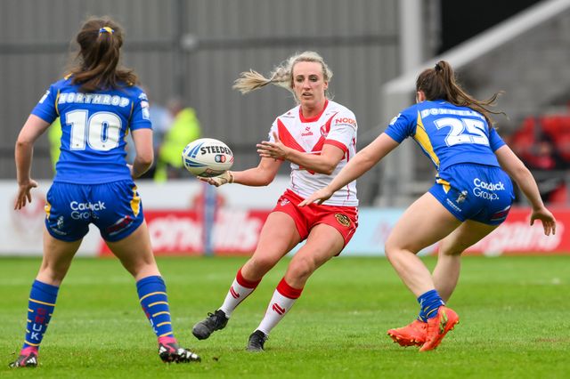 Jodie Cunningham of St Helens passes the ball during the Betfred Women's Super League match St Helens vs Leeds Rhinos at Totally Wicked Stadium, St Helens, United Kingdom, 24th May 2024

(Photo by Craig Thomas/News Images)