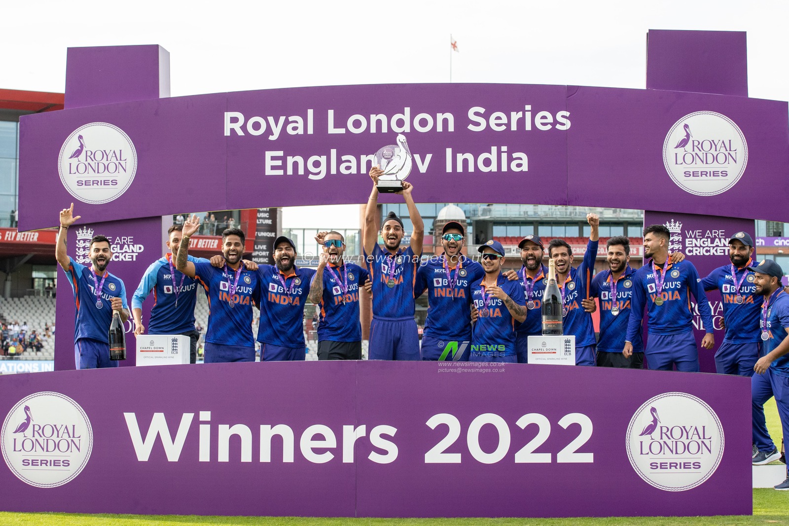 Arshdeep Singh of India and his team mates lift the Royal London One Day Series after beating England 1-2