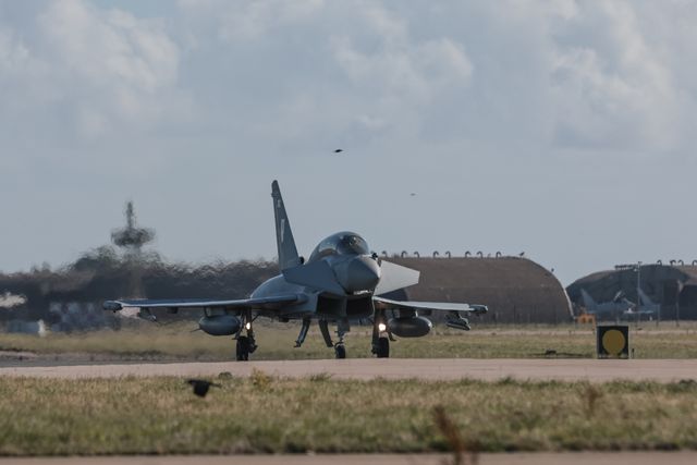 An Italian Air Force Eurofighter Typhoon FGR Mk4 taxies back to the pan during a flight training day at RAF Coningsby, Coningsby, United Kingdom, 22nd September 2025

(Photo by Mark Cosgrove/News Images)